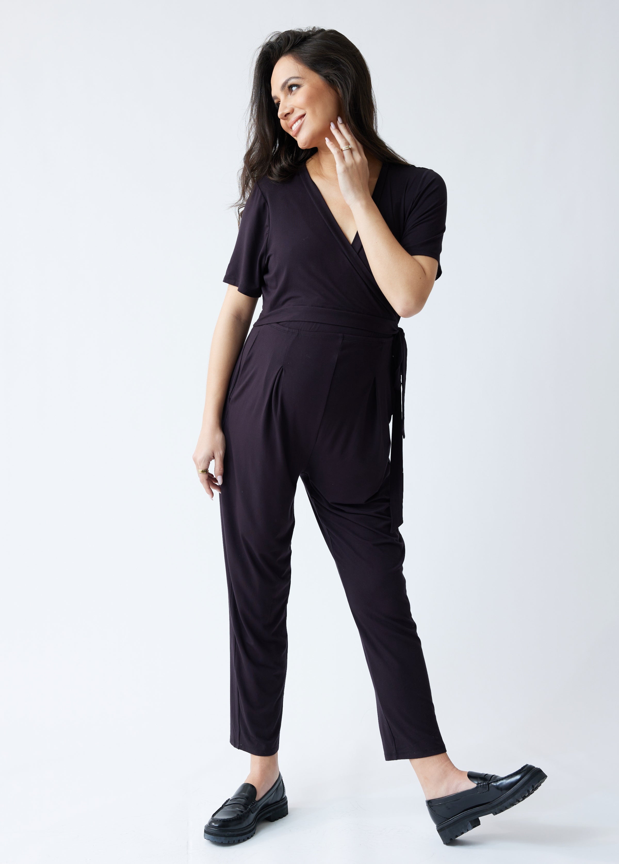 Short Sleeve Womens Black One Piece Fitted Jumpsuit Black Petite