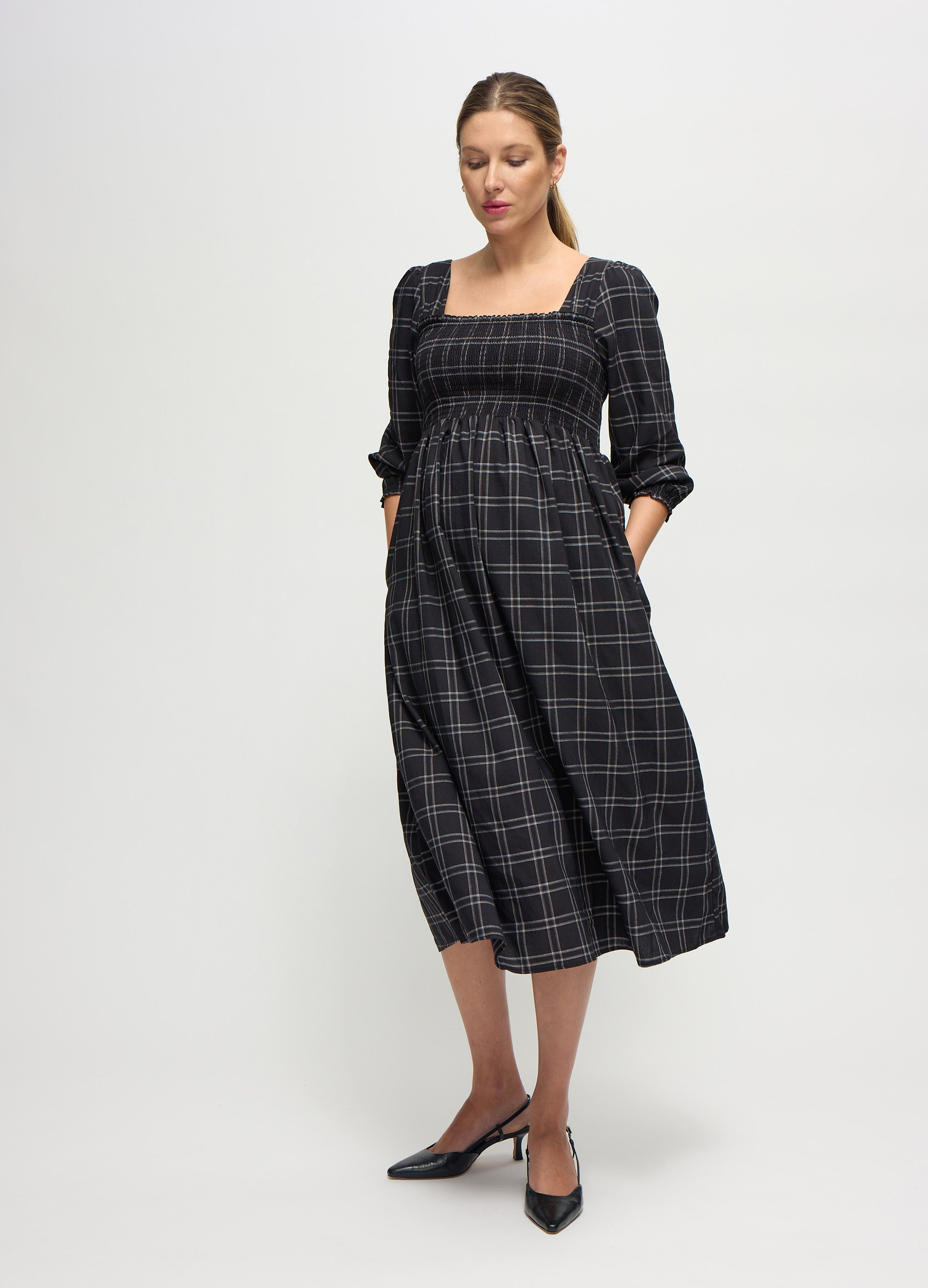 Ingrid & Isabel Ruffle Sleeve Midi Dress - Black/white Windowpane