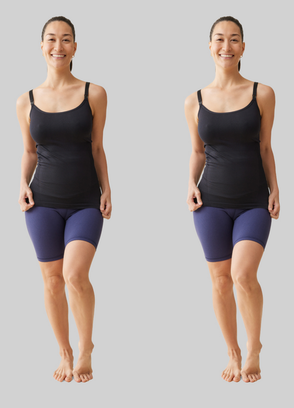 ||Two identical images of a woman wearing a black tank top and blue bike shorts on a gray background
