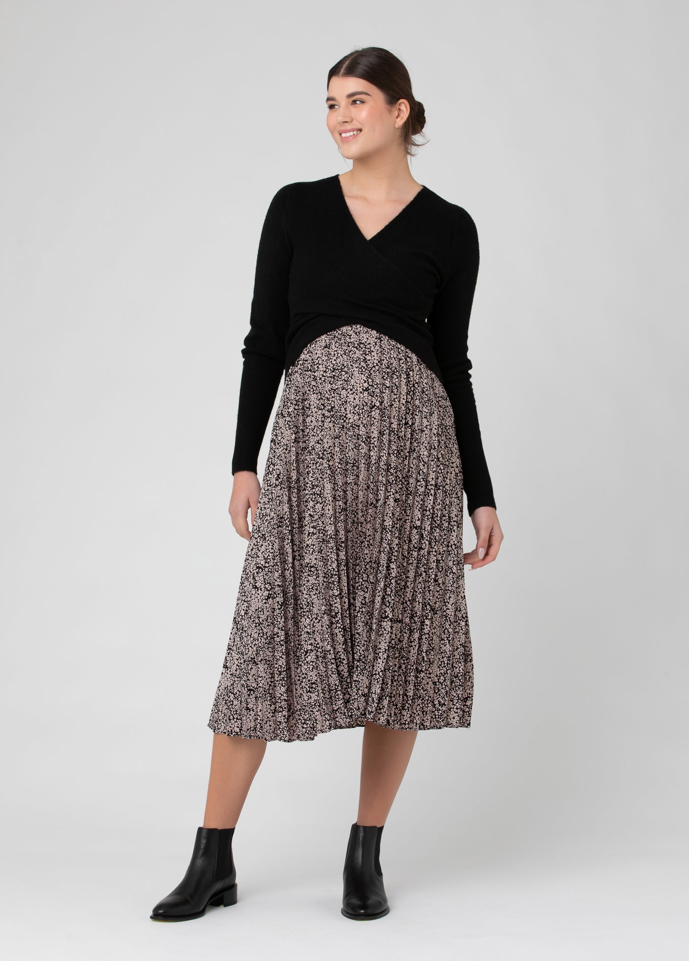 Ripe Maternity Florence Pleat Maternity Midi Skirt Black Dusty Pink Large