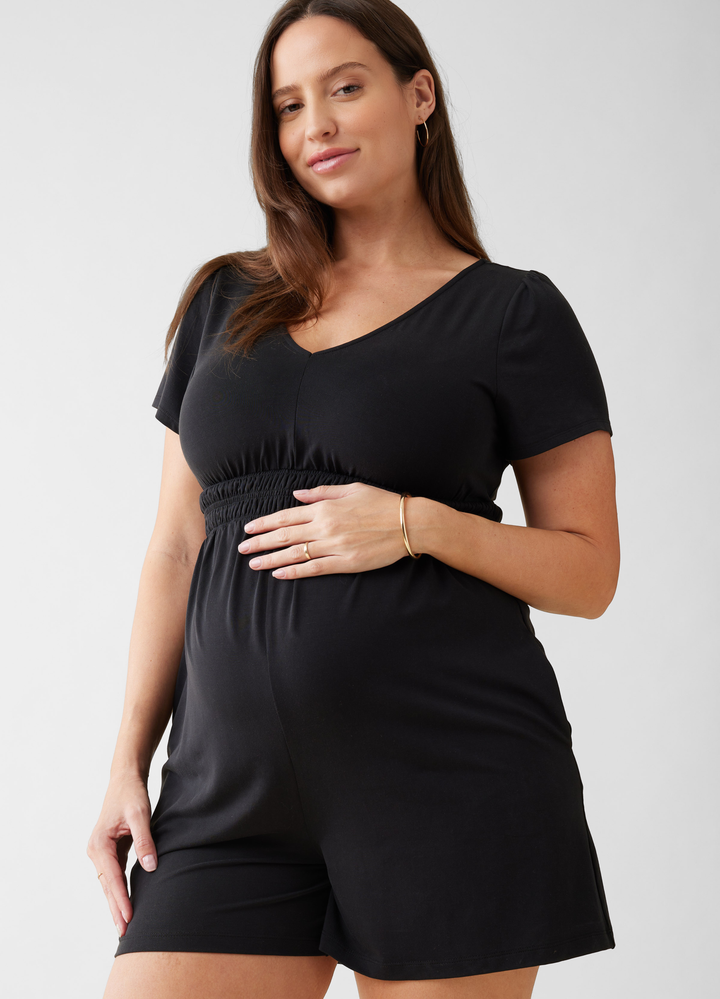 Soft Knit V-Neck Maternity Romper with Smocked Waist – Ingrid & Isabel