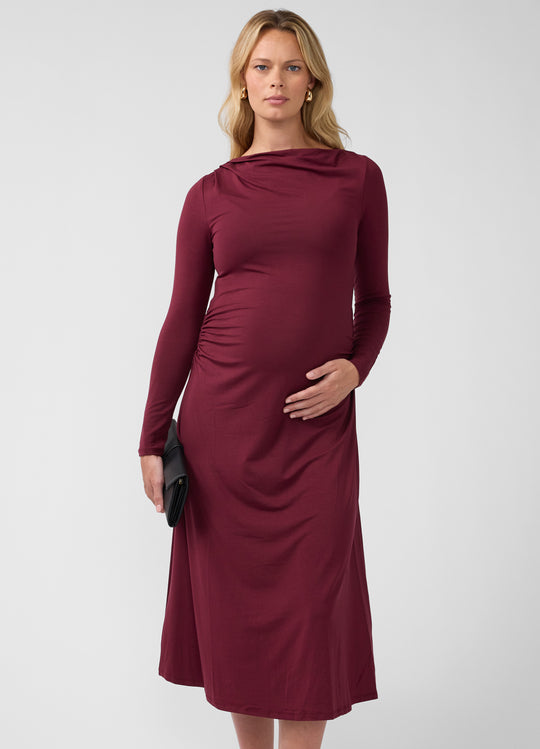 Ruched Long Sleeve Mock Neck Maternity Midi Dress