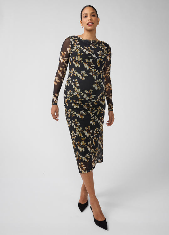 Long Sleeve Ruched Mesh Maternity Midi Dress
