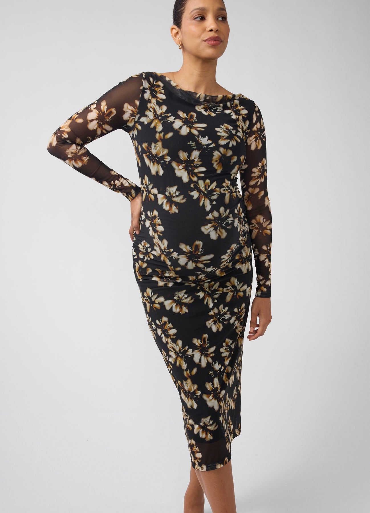 Ingrid & Isabel Long Sleeve Ruched Mesh Maternity Midi Dress Brown Bloom XL