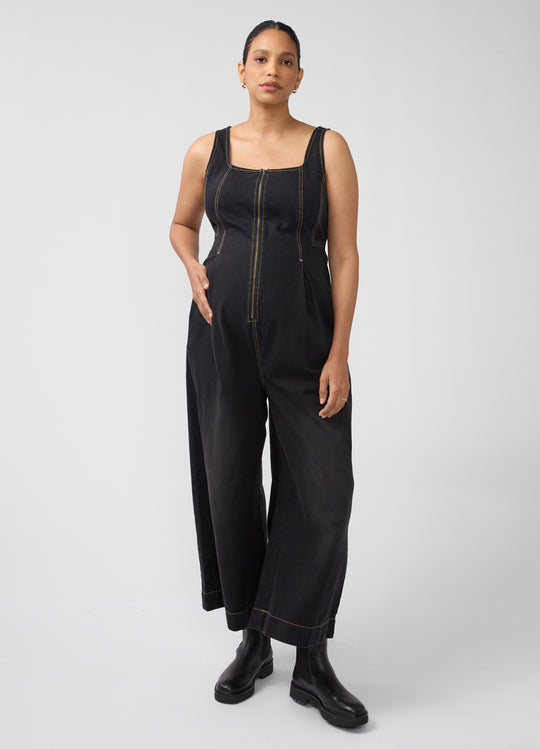 Zip Front Drapey Denim Maternity Jumpsuit