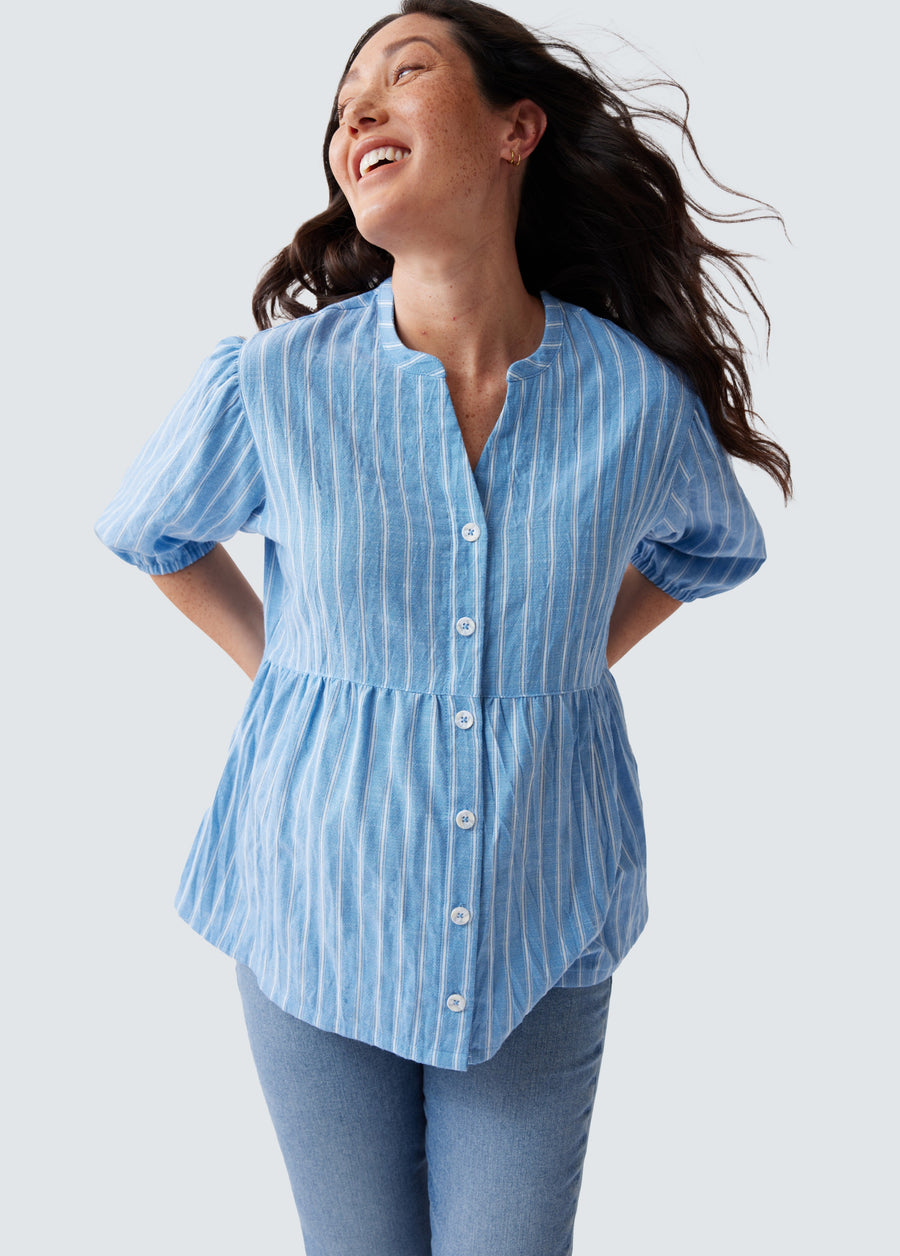 Maternity Peplum Shirt Blue or White Stripe Button Up Short Sleeve Ingrid Isabel