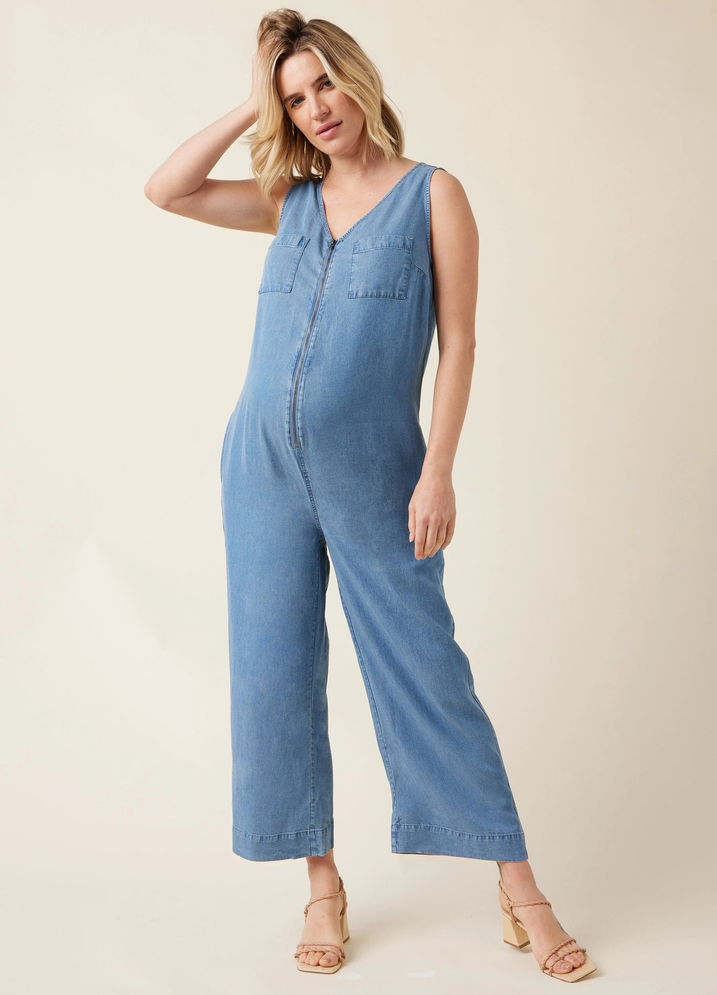 The Zip & Relax Maternity + Nursing Chambray Jumpsuit