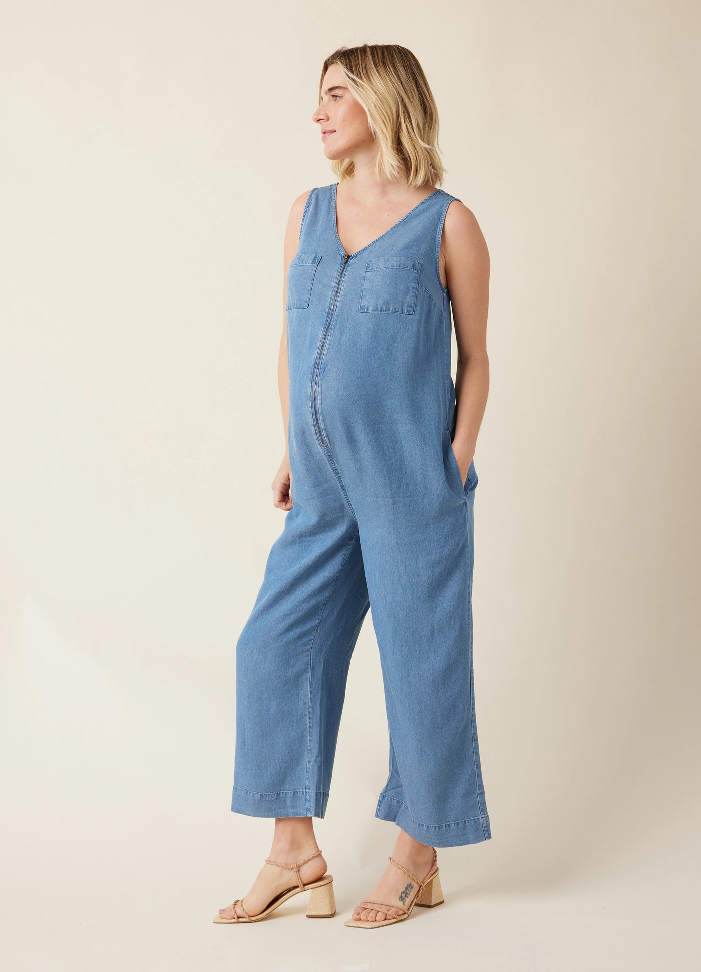 The Zip & Relax Maternity + Nursing Chambray Jumpsuit
