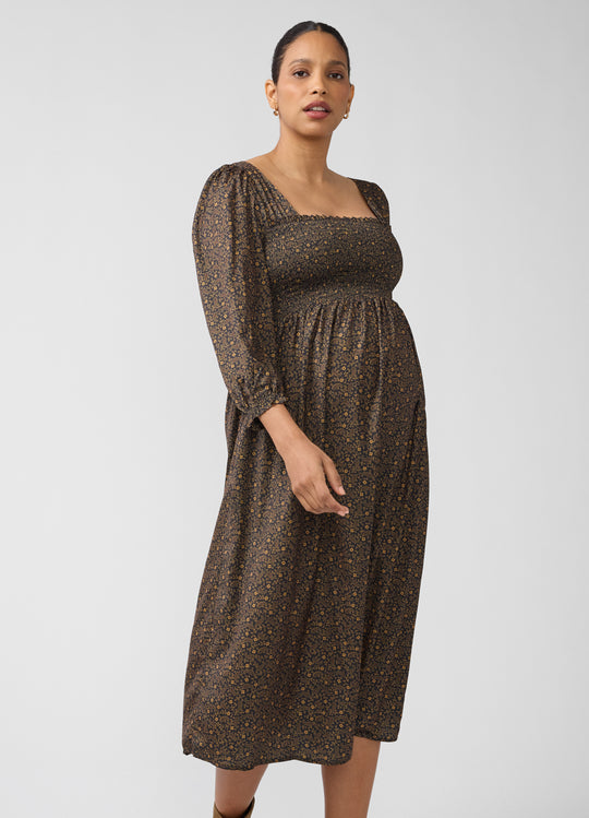 Smocked Sateen Maternity and Nursing Midi Dress
