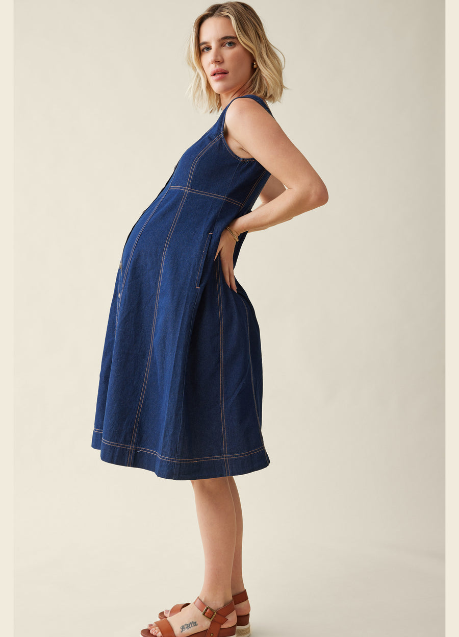 Ingrid & Isabel Women's Maternity Contrast Thread Chambray Dress - Blue - Size S