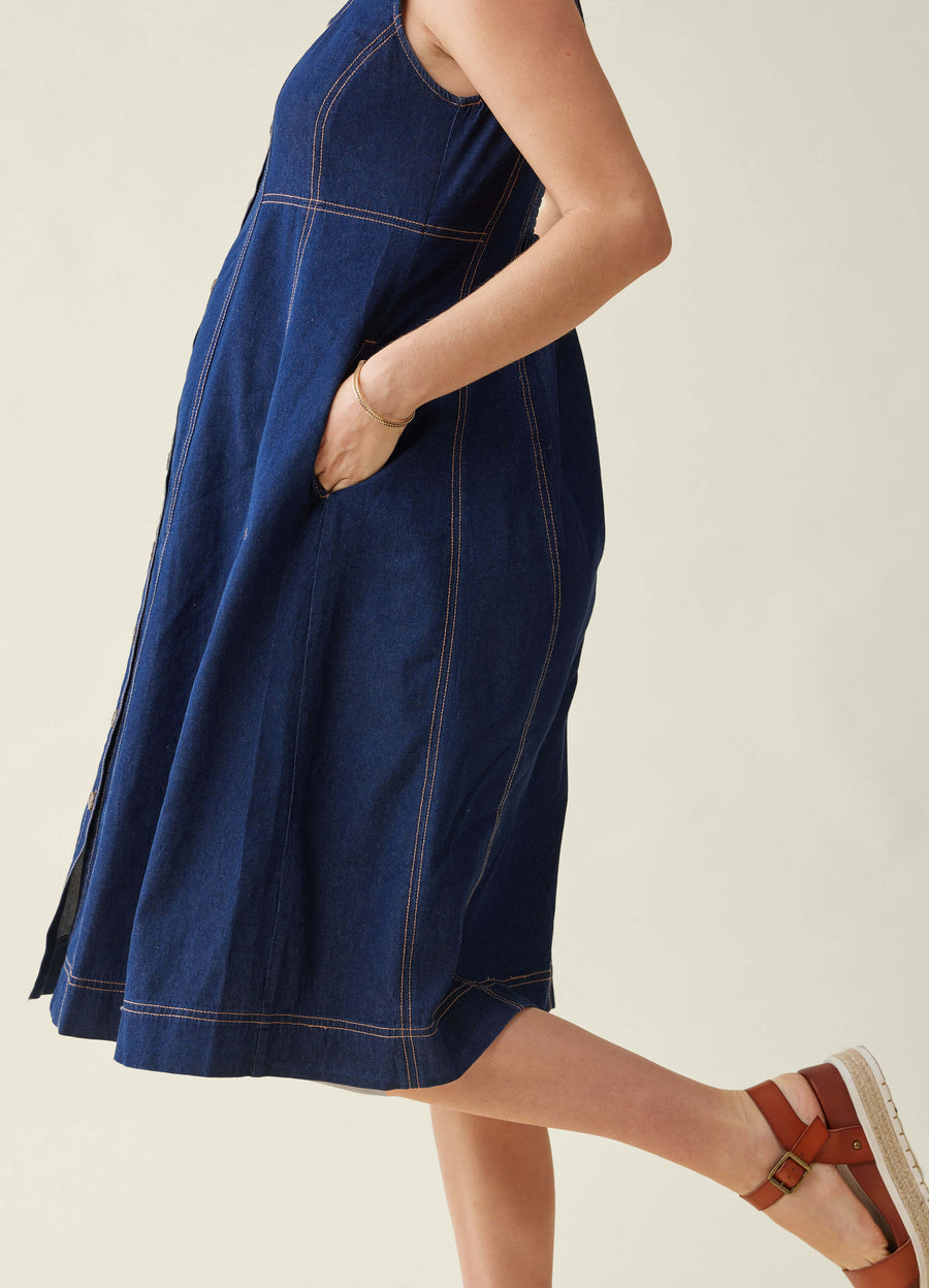 Sleeveless Contrast Stitch Chambray Maternity Midi Dress – Ingrid & Isabel