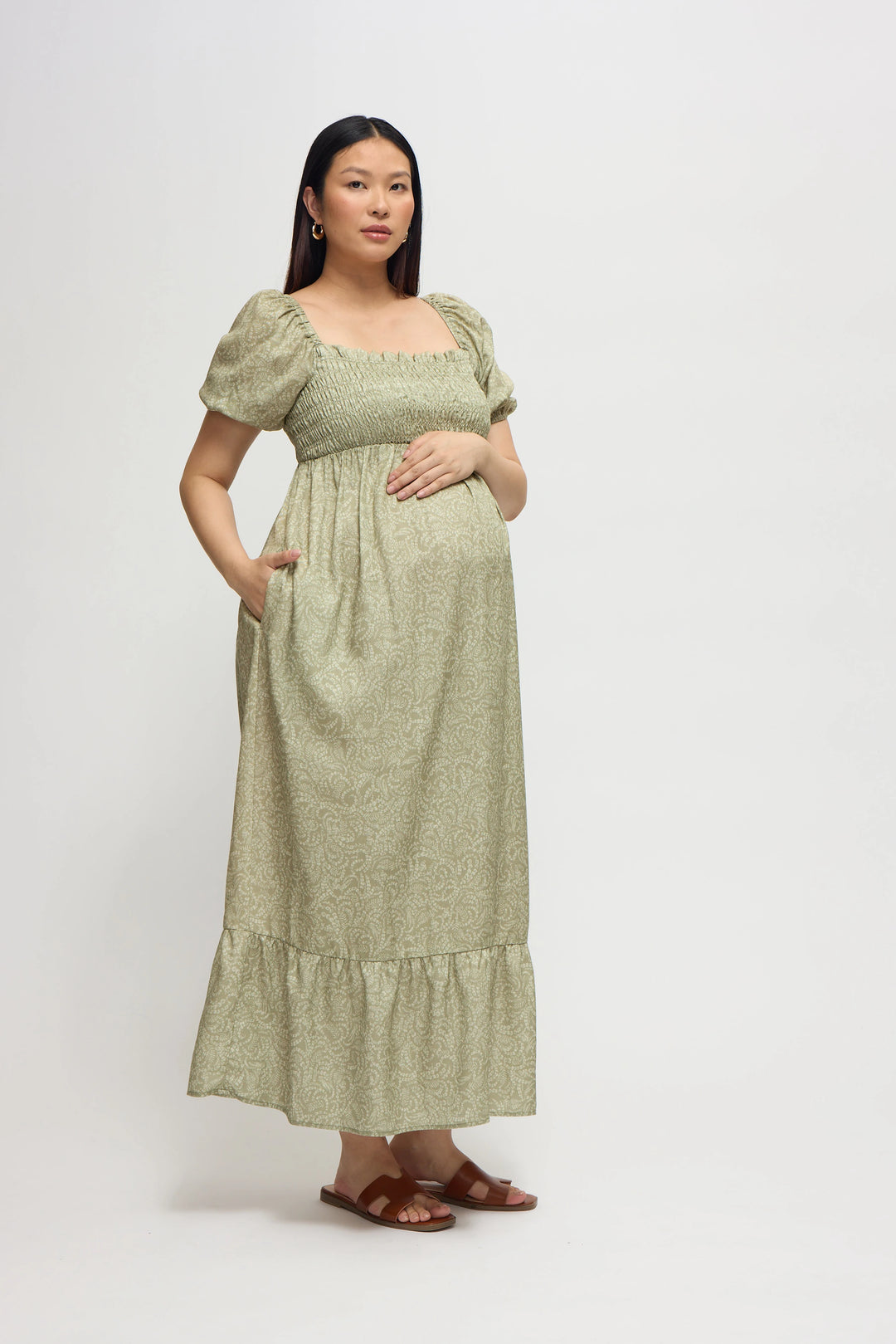 open lace back dress Olive Colorblock Pleated Halter Neck Maternity Maxi Dress – PinkBlush main image 1