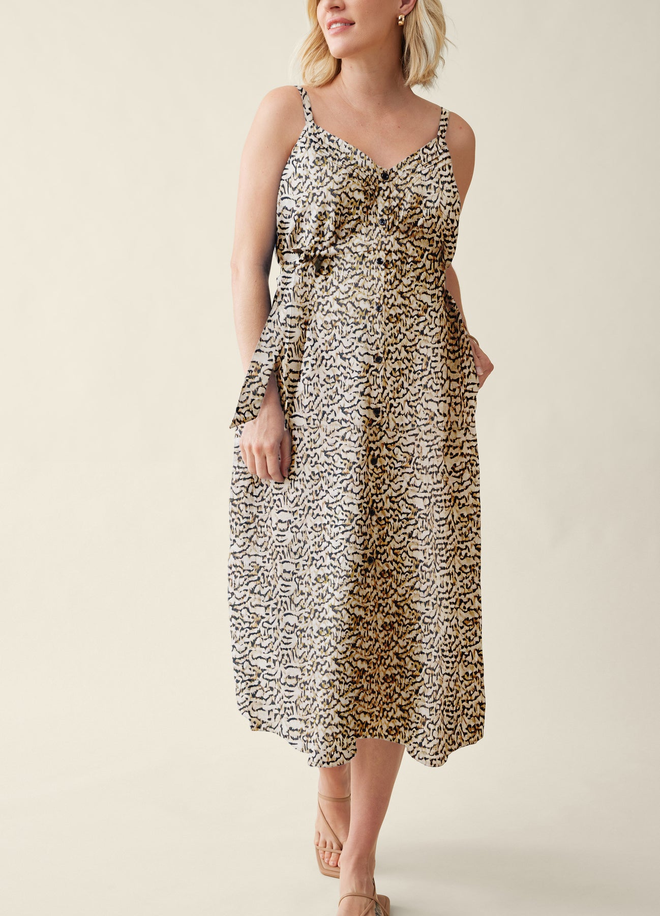 button dress midi Lyocell Button-Front Midi Maternity Dress Olive/Navy Abstract Small