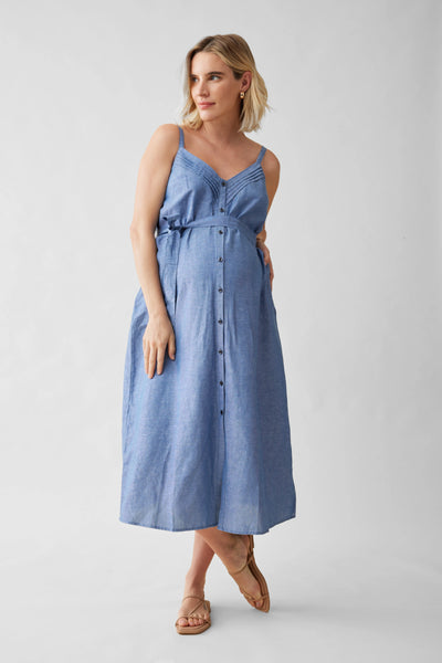 The Chambray Button Front Maternity Midi Dress