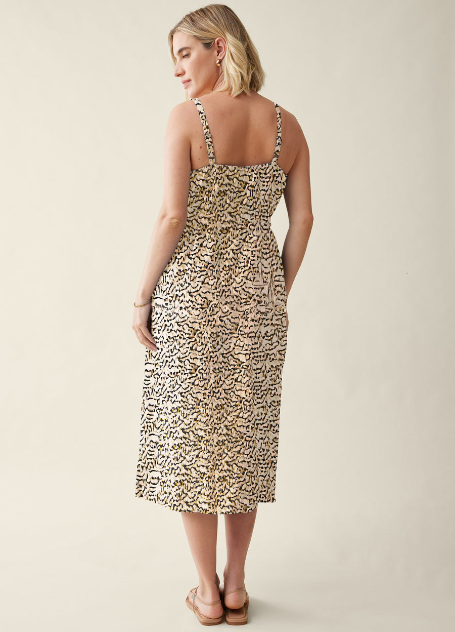 button front midi tea dress Lyocell Button-Front Midi Maternity Dress Olive/Navy Abstract Small