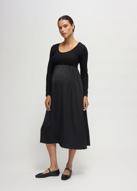 The Double Take Mixed Media Black Maternity Midi Dress