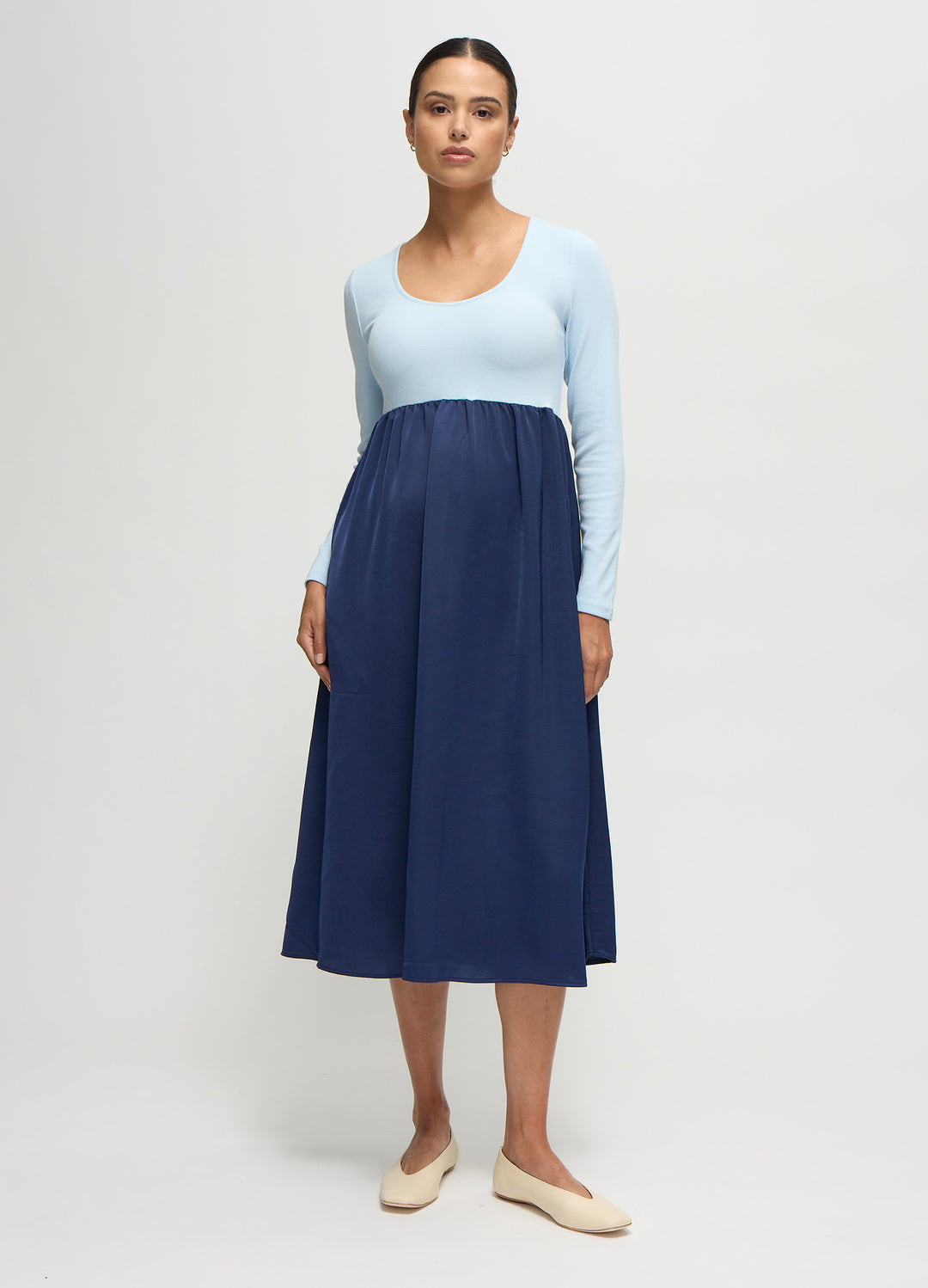 The Double Take Mixed Media Black Maternity Midi Dress – Ingrid