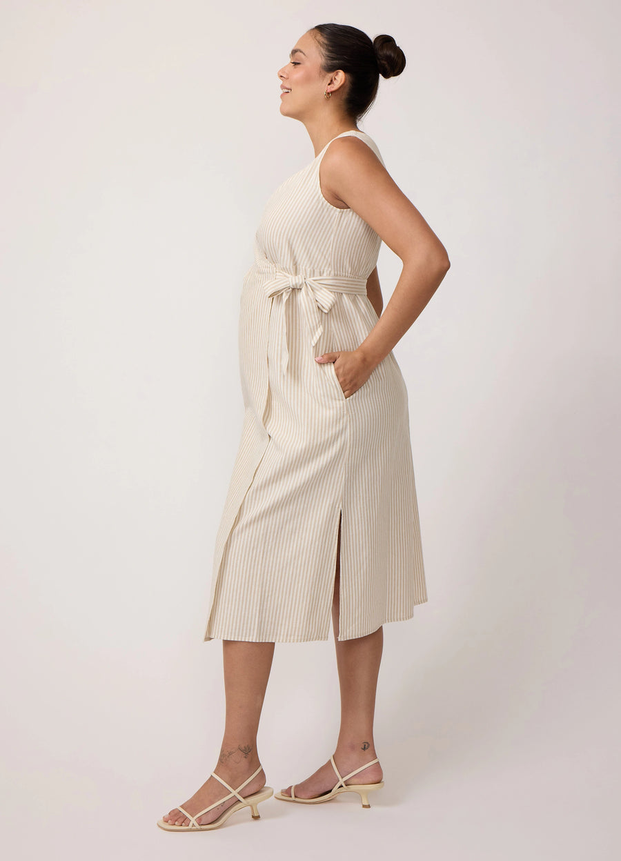 Cte Linen Maternity Wrap Midi Dress Tan/White Stripe Medium Cte Linen Maternity Wrap Midi Dress Tan/White Stripe Medium