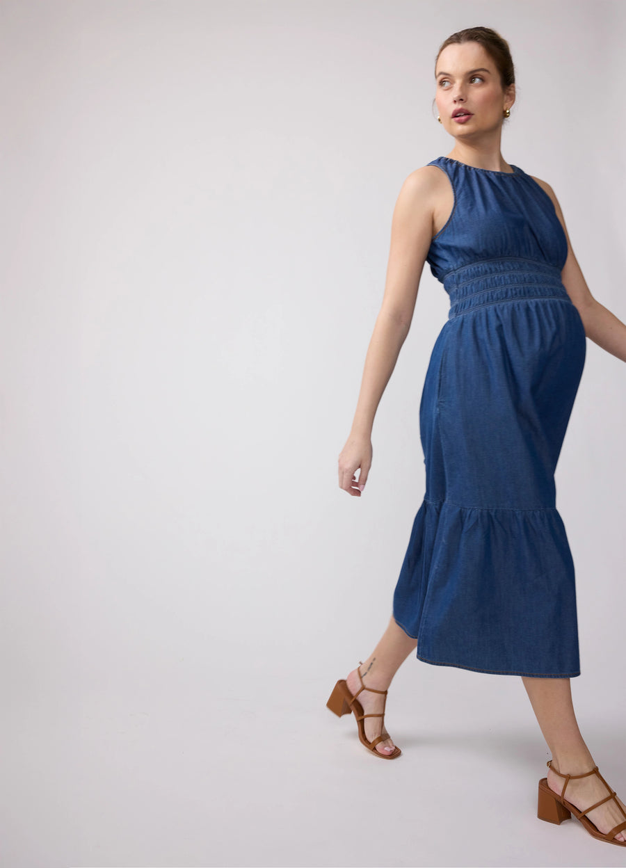 chambray midi halter dress Motel Comari halter midi chambray dress in indigo