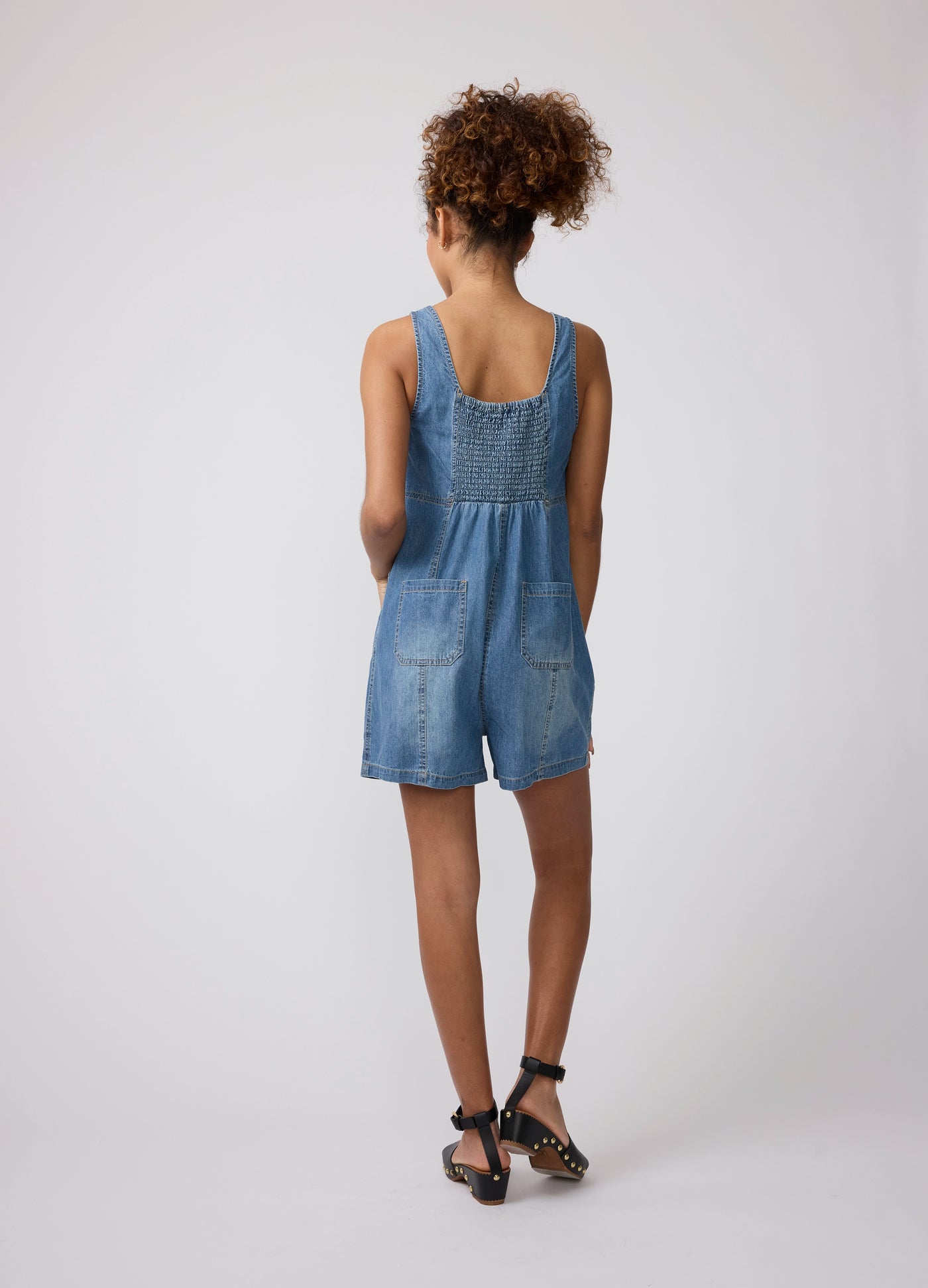 Soft Denim Button Front Maternity Short Romper Medium Wash / L