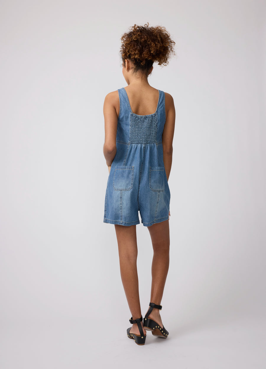 romper dress denim Women's Dakota Denim Jort Romper in Dark Denim Size XS