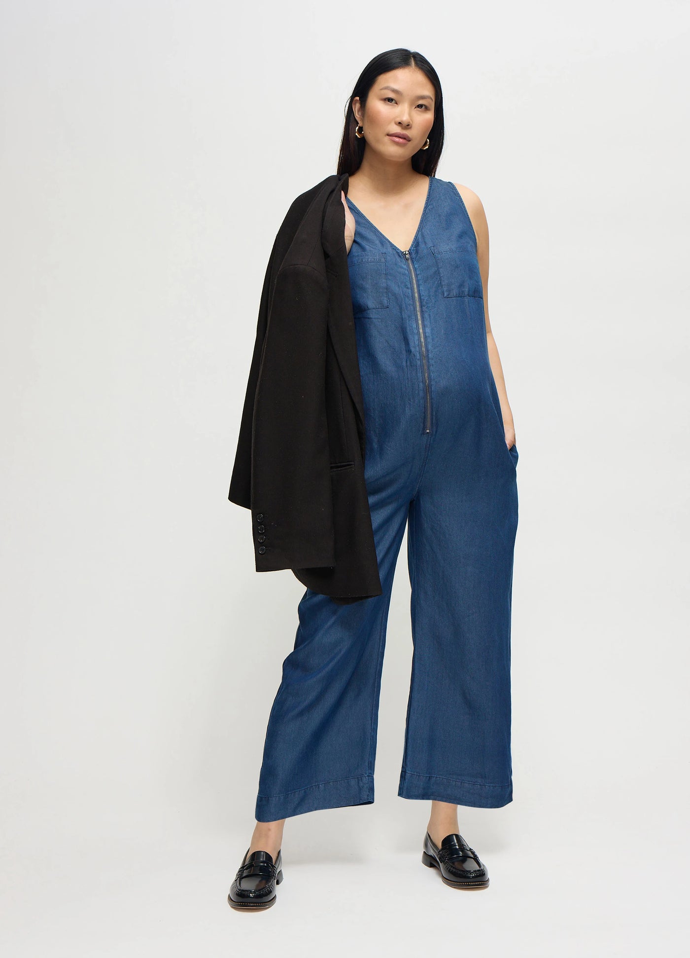 The Zip & Relax Maternity + Nursing Chambray Jumpsuit