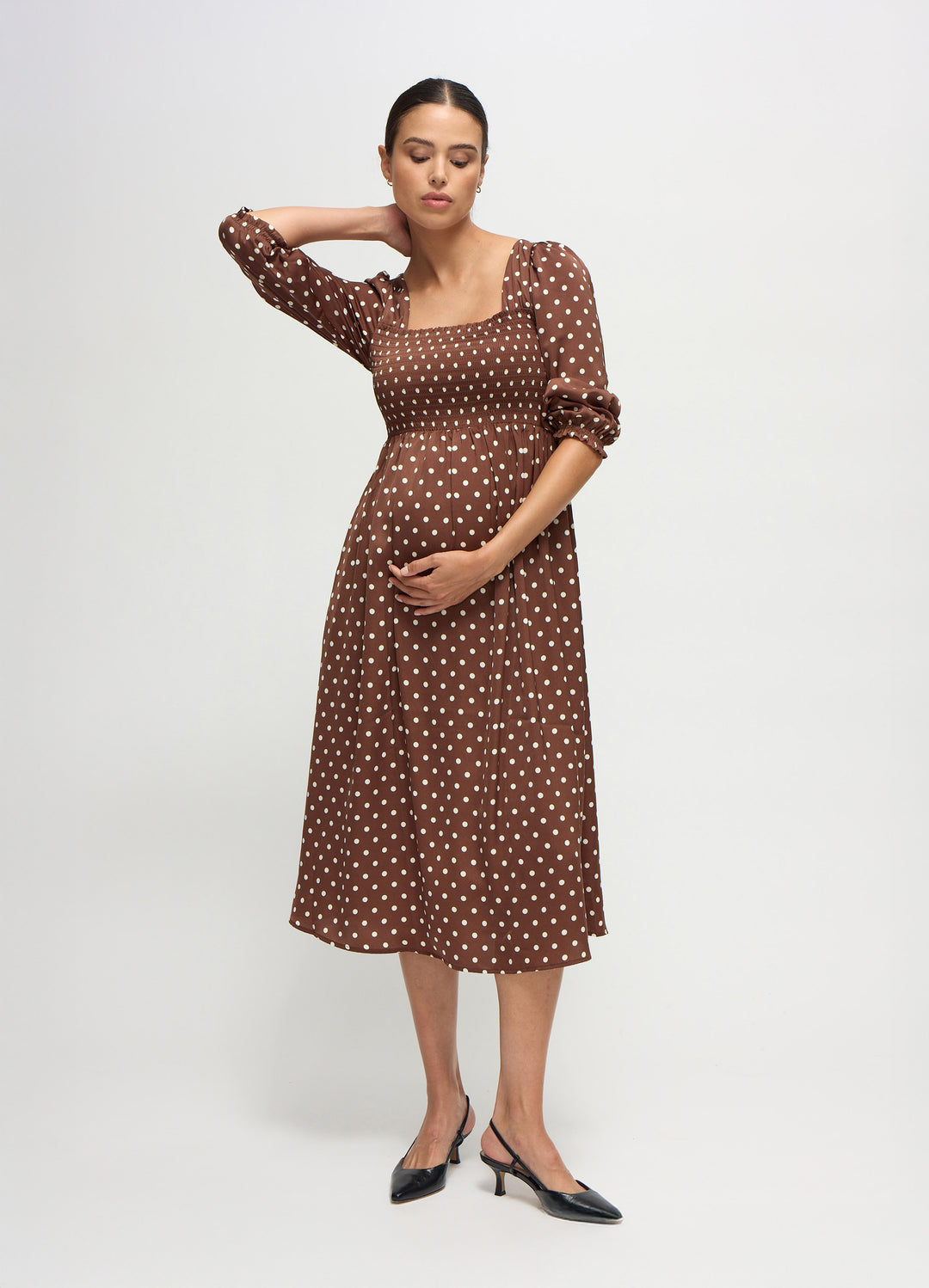 Ingrid + Isabel Maternity The Breeze Midi Dress Espresso White Dot Size XS
