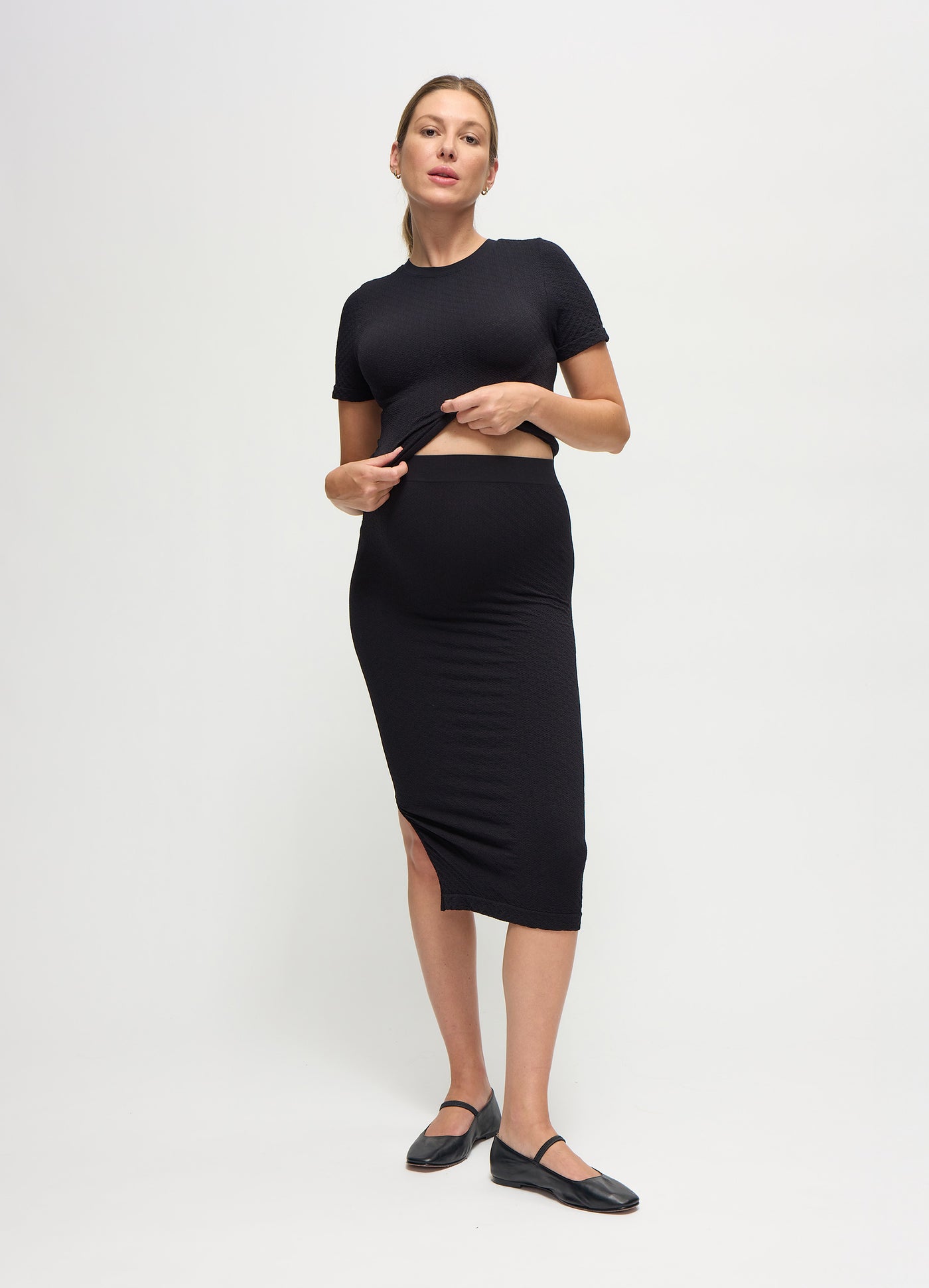 Seamless Maternity Rib Short Sleeve Crop Top & Midi Skirt Set