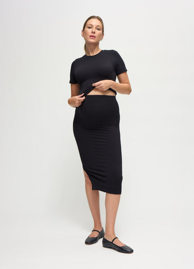 Seamless Maternity Rib Short Sleeve Crop Top & Midi Skirt Set