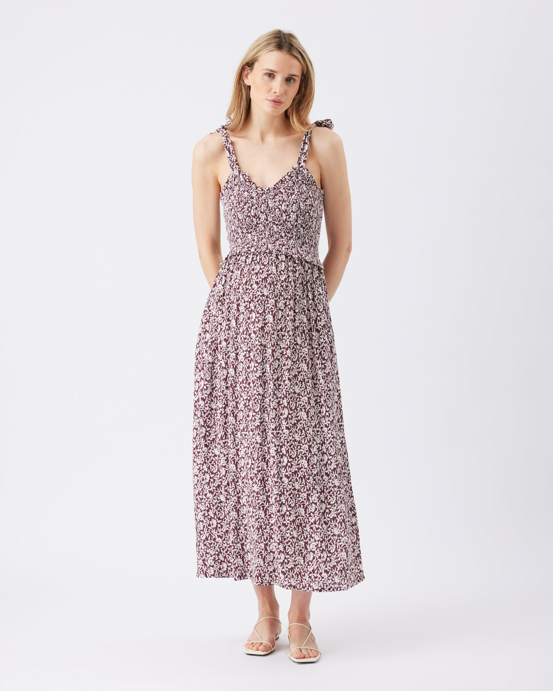 shirred dress EMBROIDERY DETAIL BODICE MIDI 128cm Leslye is 510/177cm and wears a UK size 8 Derived from certified renewable wood sources Shantelle Shirred Top and Dress