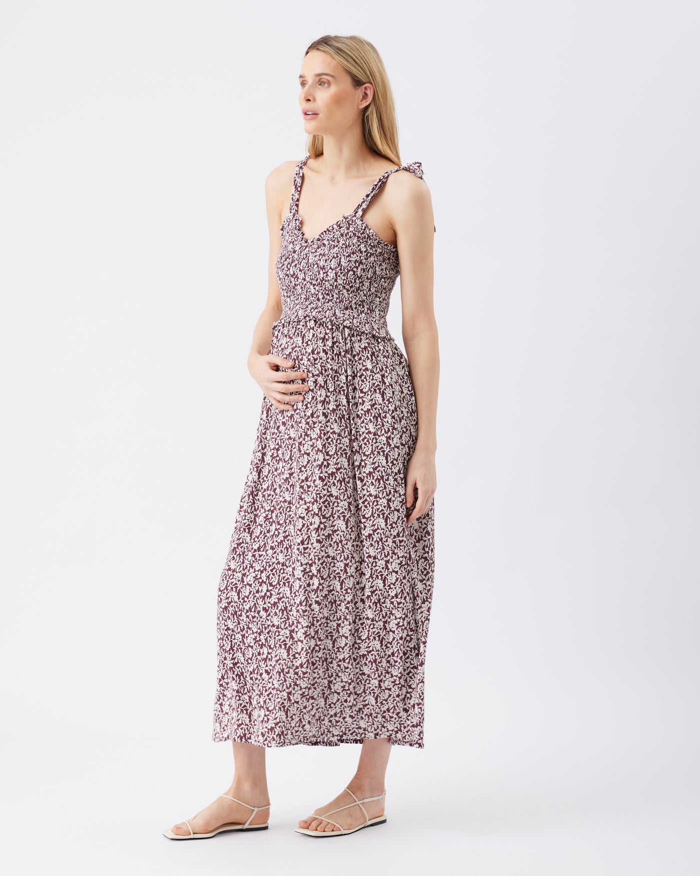 Ripe Maternity Dana Shirred Maxi Dress Maroon / White XL