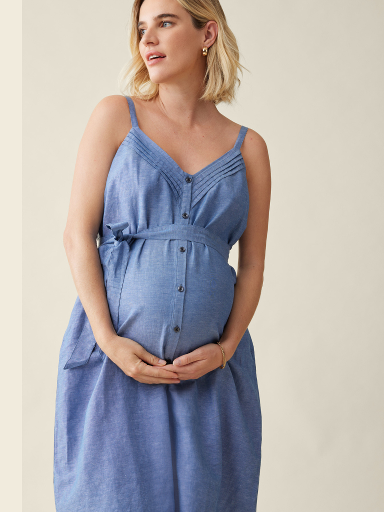 The Chambray Button Front Maternity Midi Dress – Ingrid & Isabel
