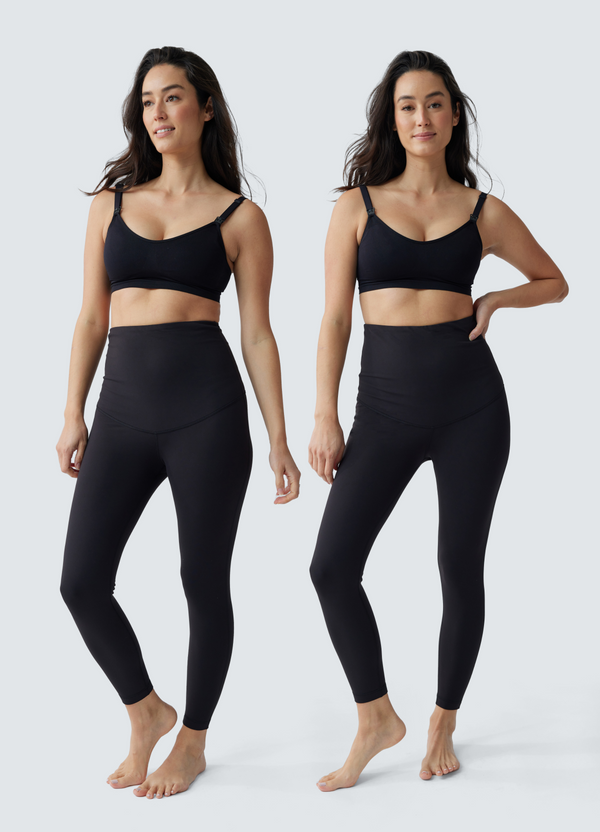 Two models wearing postpartum compression leggings in black. 