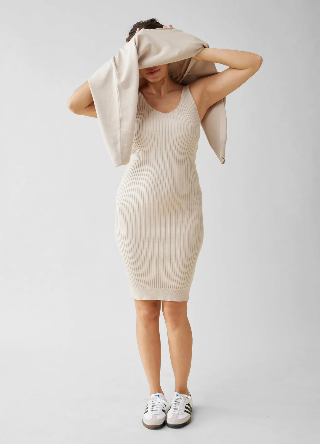 Bodycon Knit Maternity Dress And Sweater Set Sand Large
