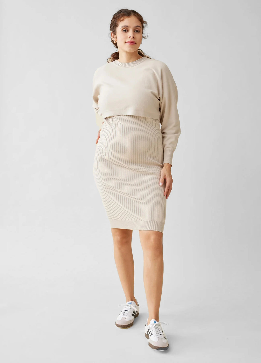 Bodycon Knit Maternity Dress And Sweater Set Sand Large