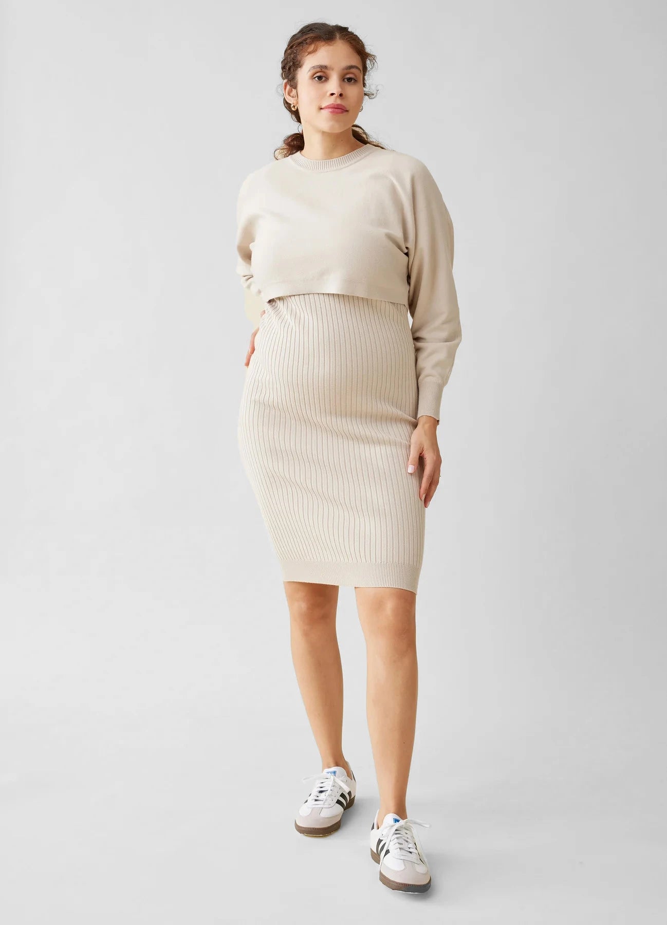 Bodycon Knit Maternity Dress And Sweater Set Sand Large