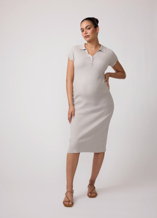 Cap Sleeve Collared Knit Maternity Midi Dress