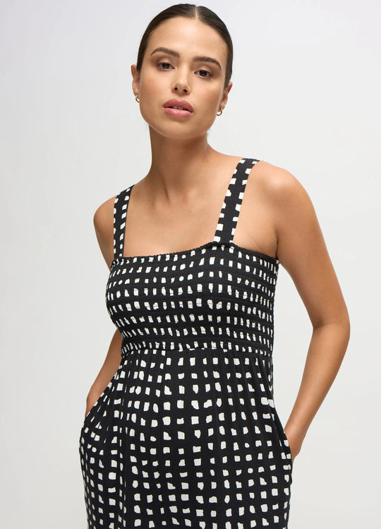 Check Smocked Square Neck Maternity Jumpsuit