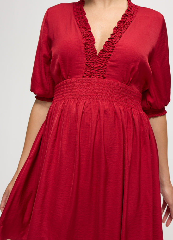 Deep V-Neck Short Sleeve Smocked Waist Maternity Mini Dress