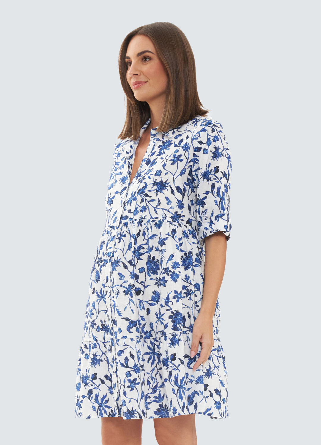 Ripe Bella Linen Maternity and Nursing Dress (White / Lapis)