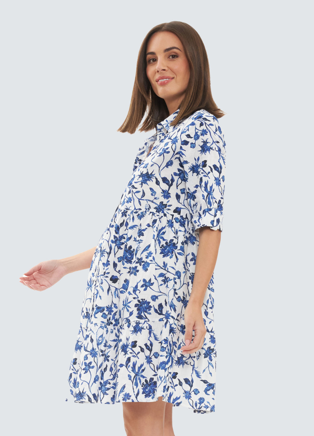 Ripe Bella Linen Maternity and Nursing Dress (White / Lapis)