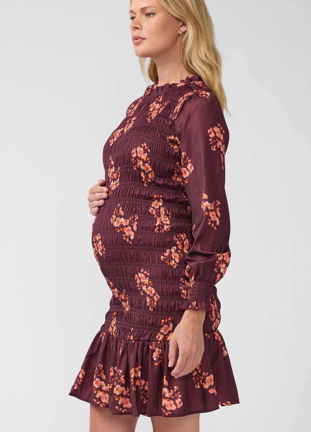 burgundy floral maternity dress Ruffle Sleeve Smocked Mini – Ingrid & Isabel Floral chiffon