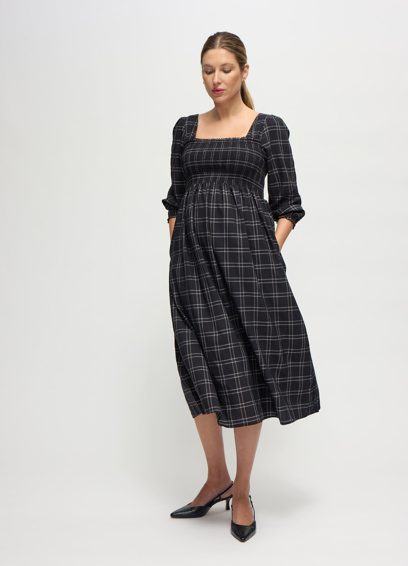 Ingrid & Isabel Ruffle Sleeve Midi Dress - Black/white Windowpane