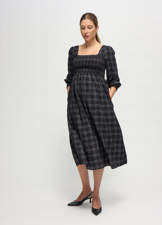 Plaid Smocked Ruffle Sleeve Maternity Midi Dress