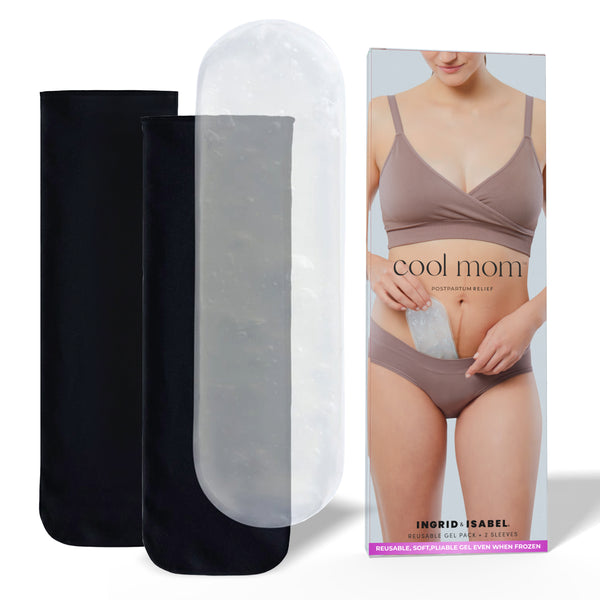 Ingrid & Isabel 'Cool Mom' product packaging with two black insert covers and a reusable perineal ice pack