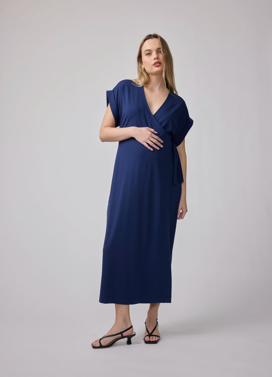 Short Sleeve Knit Wrap Maternity Midi Dress