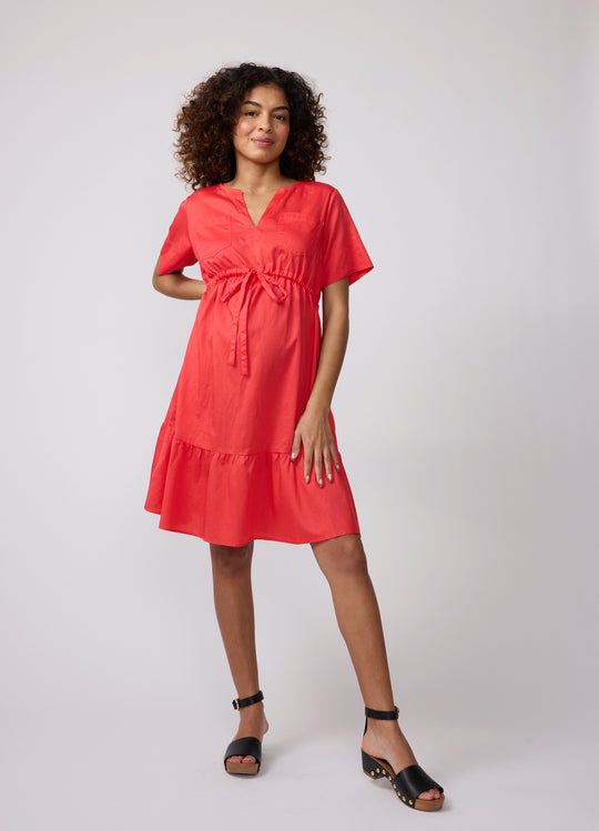 Short Sleeve Tiered Cotton Maternity Shirt Dress