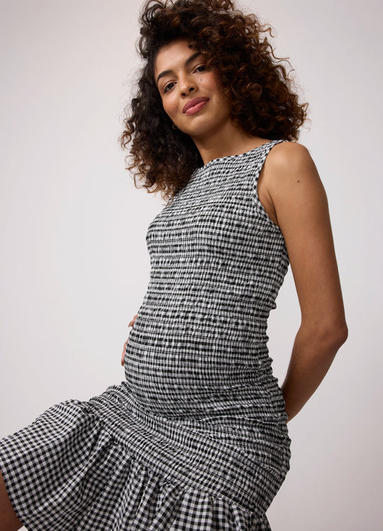 Smocked Check Seersucker Maternity Mini Dress