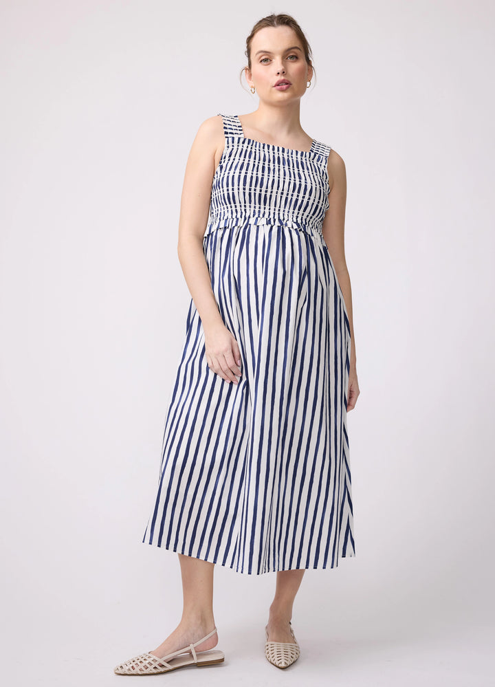 Ingrid & Isabel Square Neck Smocked Cotton Maternity Maxi Dress Indigo Stripe Small