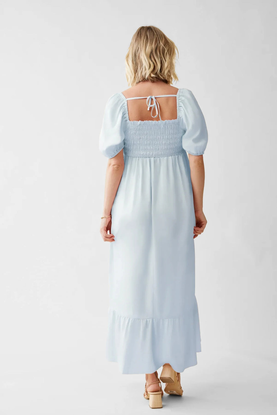 Smocked Tiered Maternity And Nursing Maxi Dress Sky XS
